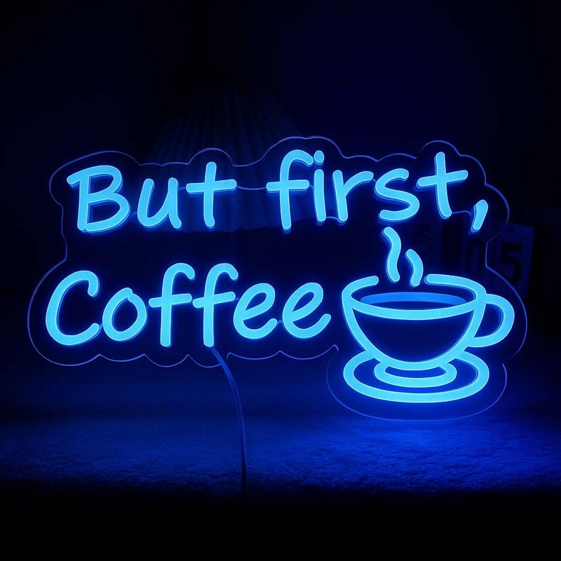 Horoof Home But First, Coffee Neon Sign - 40x24.7cm Blue LED Wall Light for Kitchen, Cafe, and Office Decor - Image 1