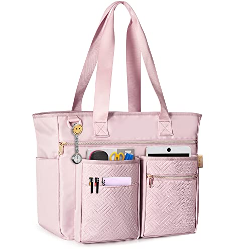 Fasrom Teacher Tote Bag for Work Women, Large Teacher Utility Bag with Padded Sleeve for up to 15.6 Inches Laptop and Teacher Supplies, Pink - Image 1