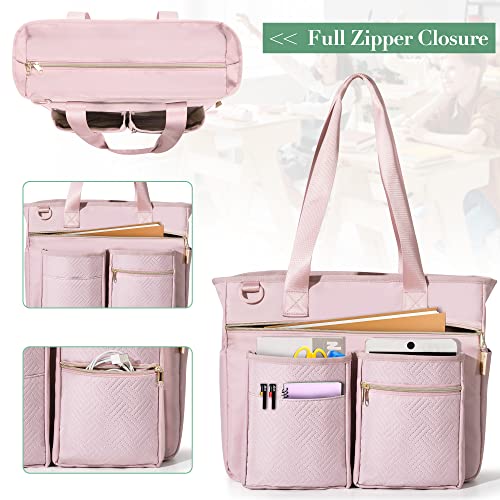Fasrom Teacher Tote Bag for Work Women, Large Teacher Utility Bag with Padded Sleeve for up to 15.6 Inches Laptop and Teacher Supplies, Pink - Image 3