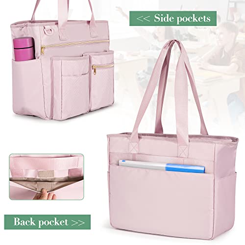 Fasrom Teacher Tote Bag for Work Women, Large Teacher Utility Bag with Padded Sleeve for up to 15.6 Inches Laptop and Teacher Supplies, Pink - Image 4