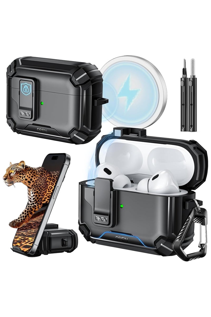 HaDoii Protective Case Cover Compatible with AirPods Pro 2nd/1st Generation with Phone Stand & Cleaning Kit, Compatible with Magsafe, Magnetic Automatic Lock for for iPod Pro Charging Case(USB-C/Lightning Cable) - Image 1