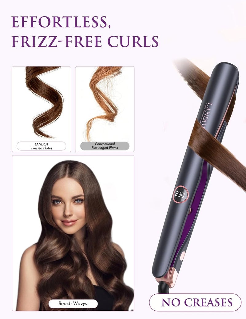 LANDOT 2-in-1 Hair Straightener and Curler - Twist Floating Plates for Create Salon Waves, Curls, Straight Styles, Anti-Frizz & Tangle-Free | Dual Voltage, 12 Temp Settings 120-230°C All Hair Types | Fast 30s Heat-Up, Anti-Frizz Ionic, Smooth Glide Floating Plates, Dual Voltage, 12 Heat Setting for All Hair Types, Gift Set - Image 5