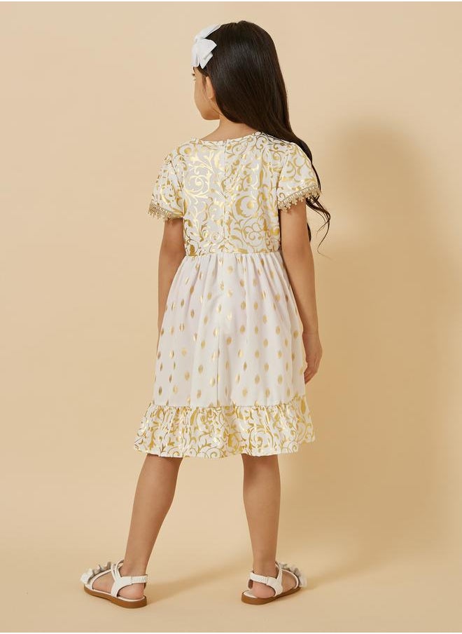 Styli Foil Print Round Neck Ruffled Hem Dress  - Image 4