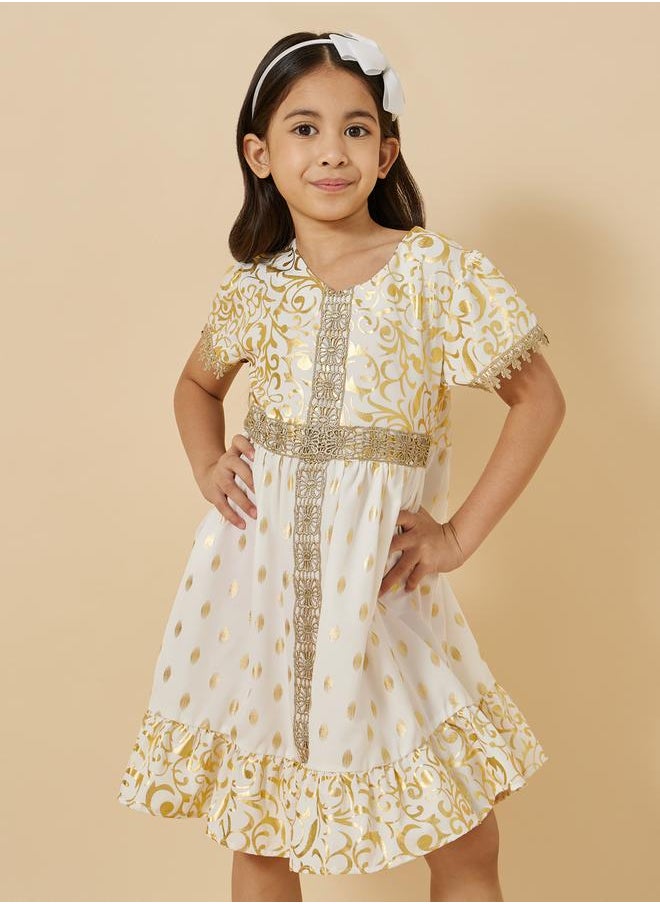 Styli Foil Print Round Neck Ruffled Hem Dress  - Image 2
