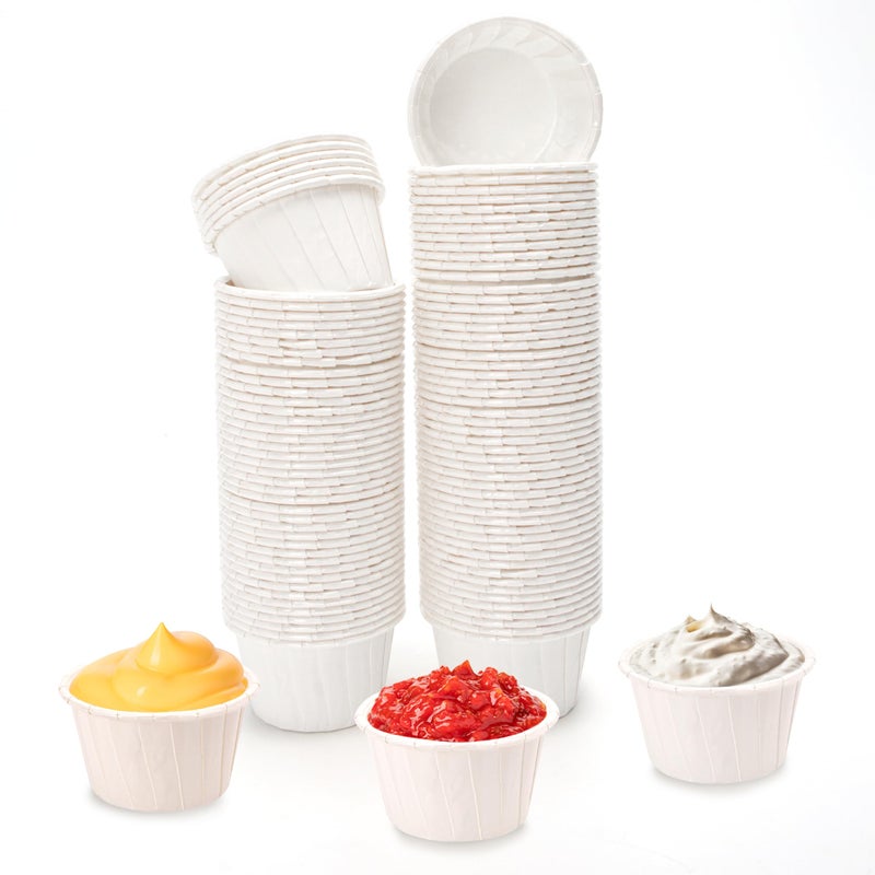 100PCS Paper Cup Liner Disposable Container21x121oz Bowl Tray Organizer for Ketchup Melting Wax Bean Face Nose Hair Removal Ice Cream Cake Condiment Sauce Ramekin Shot Souffle Sample Serving