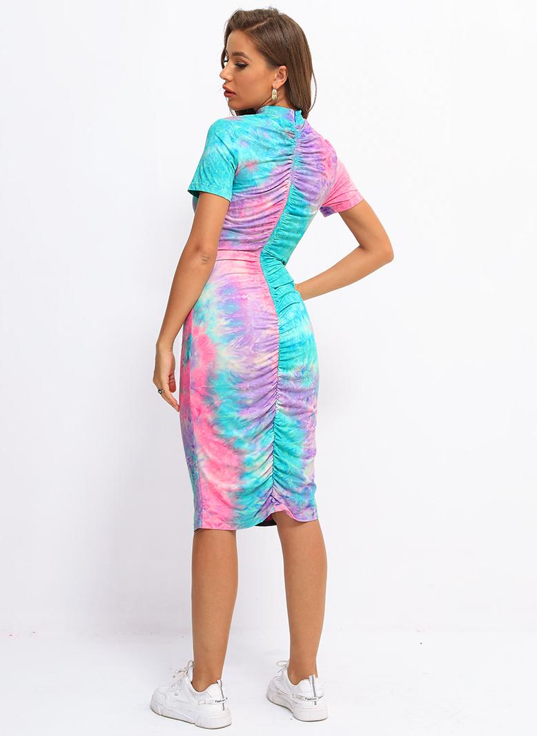 FridayIn Female Street style High collar Printing Slim Mid dress Blue - Image 2