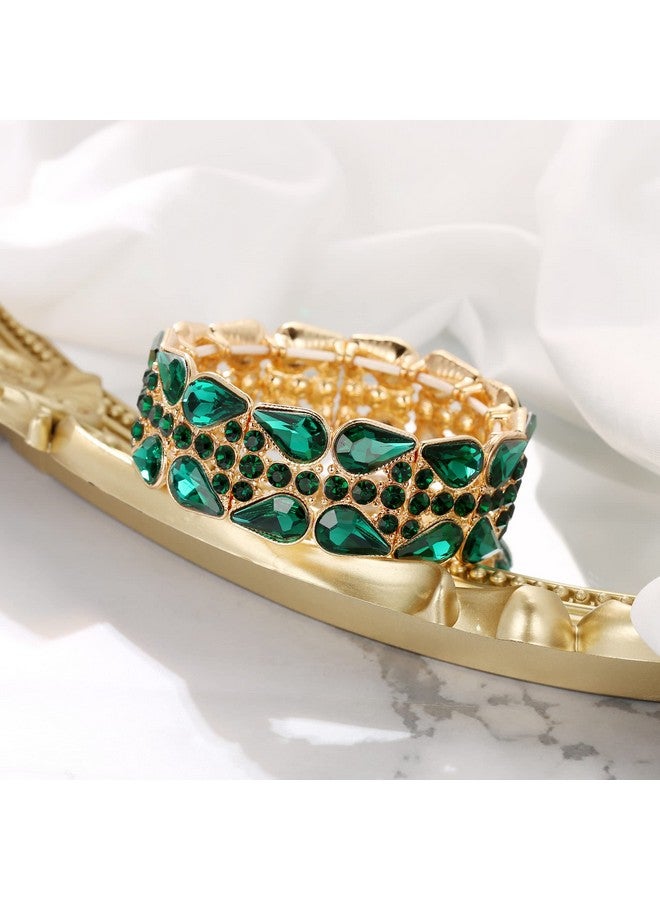 BriLove Wedding Bridal Elegant Crystal Double Row Teardrop Rhinestones Cluster Stretch Bangle Bracelet For Bride Emerald Color Gold-Toned - Image 3