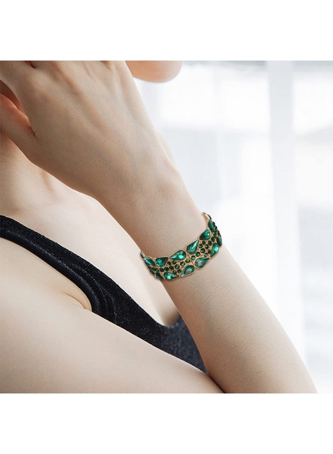 BriLove Wedding Bridal Elegant Crystal Double Row Teardrop Rhinestones Cluster Stretch Bangle Bracelet For Bride Emerald Color Gold-Toned - Image 2