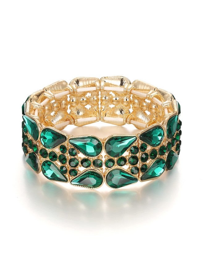 BriLove Wedding Bridal Elegant Crystal Double Row Teardrop Rhinestones Cluster Stretch Bangle Bracelet For Bride Emerald Color Gold-Toned - Image 1