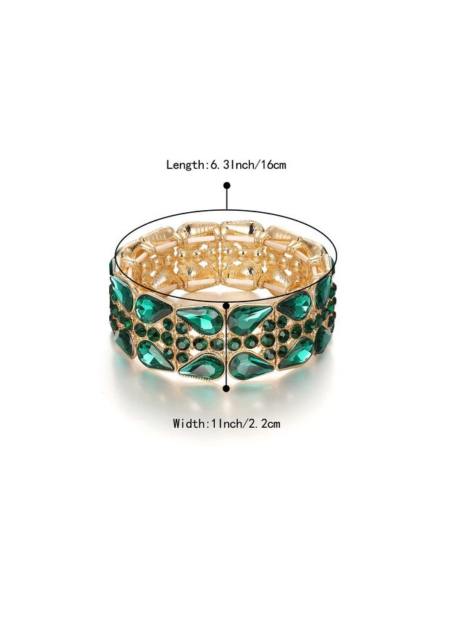 BriLove Wedding Bridal Elegant Crystal Double Row Teardrop Rhinestones Cluster Stretch Bangle Bracelet For Bride Emerald Color Gold-Toned - Image 4