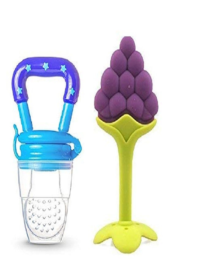 First Trend Star Nibbler Fruit Shape Silicone Teether with Baby Fruit Nibbler Pacifier for Baby (Combo Saver Pack of 2) (Grapes & Yellow Pacifier) - Image 1