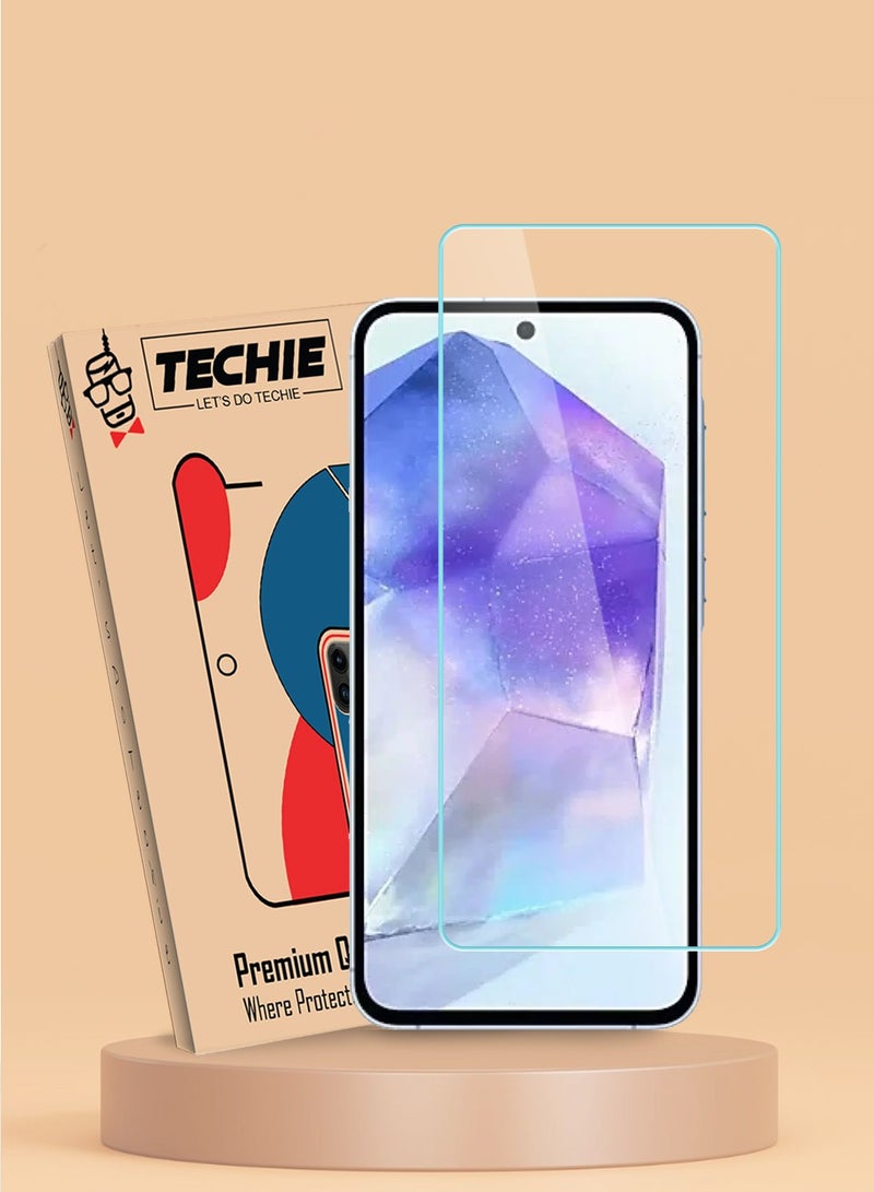 Techie واقي شاشة زجاجي مقوى عالي الدقة لهاتف Samsung Galaxy A55 - مضاد للانعكاس ومضاد للفقاعات وصلابة 9H 0.33 مم وحواف مستديرة وسهولة التركيب - Image 1