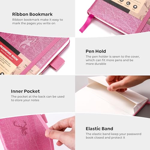 molekaus Password Book with Alphabetical Tabs Small Password Keeper with Extra Password Space to Change Password. Password Notebook for Home or Office for Internet Log In, 6.1 * 3.7in Pink - Image 2