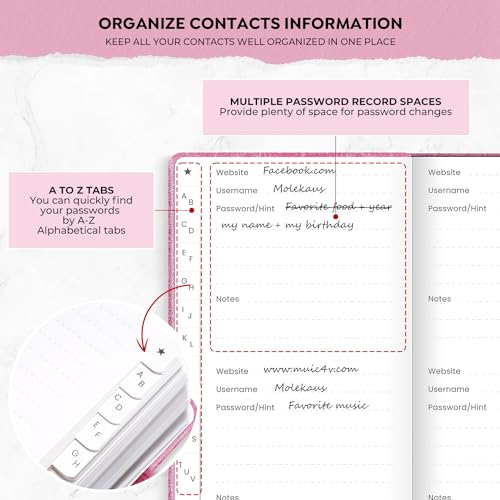 molekaus Password Book with Alphabetical Tabs Small Password Keeper with Extra Password Space to Change Password. Password Notebook for Home or Office for Internet Log In, 6.1 * 3.7in Pink - Image 4