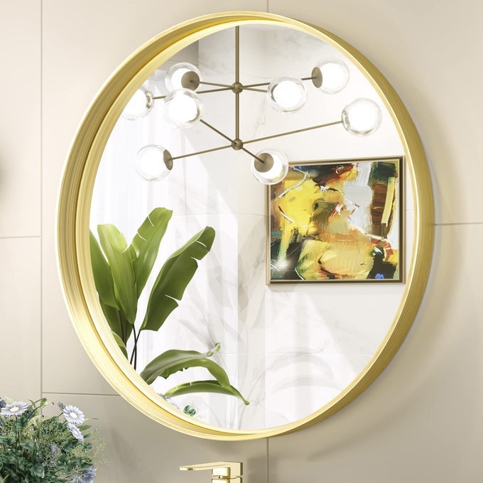 ROUND GOLD BATHROOM MIRROR 24 INCH CIRCLE MIRRORS FOR VANITY CHAMPAGNE GOLD MODERN BRUSHED METAL FRAMED WALL MOUNTED FARMHOUSE DECORATIVE ENTRYWAY MIRROR SHATTERPROOF