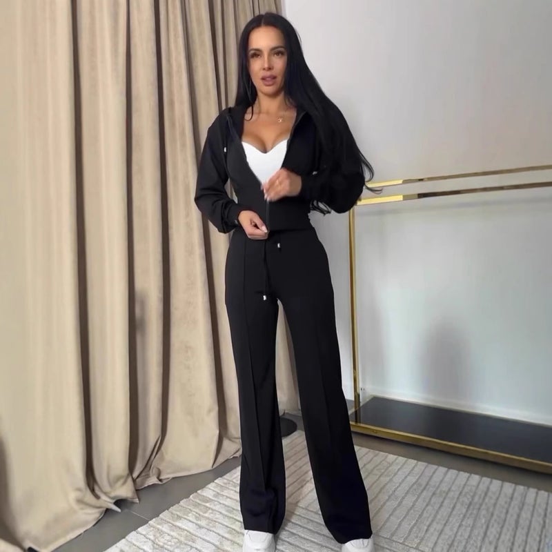 European and American 2024 Spring and Autumn Womens Long Sleeve Slim Fit Short Two-Piece Cross-Border Independent Station Explosions Hooded Casual suit Brown - Image 2