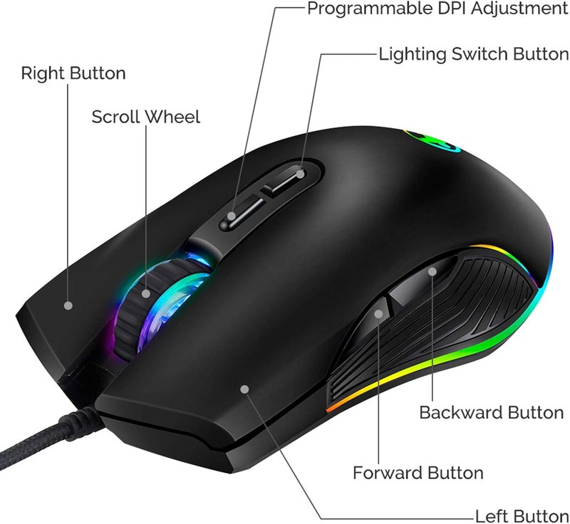 ايولوني فأرة IULONEE من نوع USB-C، فأرة سلكية USB-C للألعاب، تصميم مريح، إضاءة خلفية RGB بأربعة ألوان، 3200 نقطة في البوصة، متوافقة مع M@c وMatebook وChromebook وHP OMEN وأجهزة الكمبيوتر الشخصية التي تعمل بنظام Windows وأجهزة الكمبيوتر المحمولة والمزيد من أجهزة USB Type-C (اللون الأسود) - Image 4