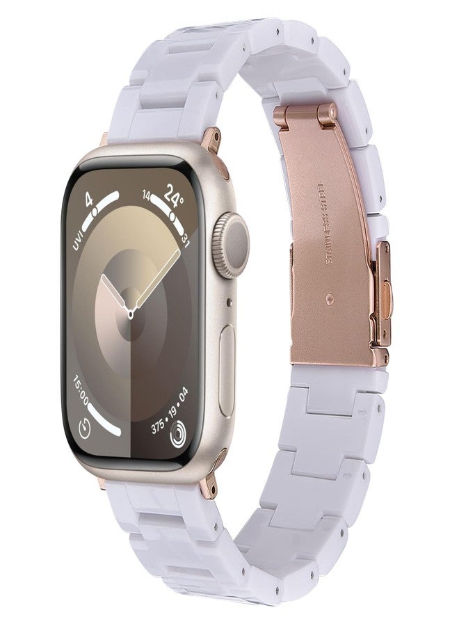 في-مورو سوار V-MORO المصنوع من الراتنج متوافق مع ساعات Apple Watch Series 11/10/9/8/7 46 مم 45 مم 44 مم 42 مم iWatch 6/5/4/3/2/1/SE مع مشبك ذهبي وردي iWatch Ultra 49 مم حزام معصم خفيف الوزن للنساء والرجال، أبيض - Image 1