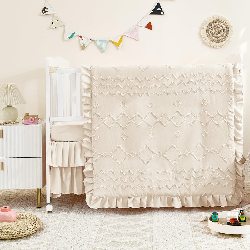 NacoMoco 3-Piece Tufted Ruffle Crib Bedding Set for Girls - Ultra Soft Baby Bedding Set Includes Boho Crib Comforter, Sheet & Skirt (Beige) - Image 2