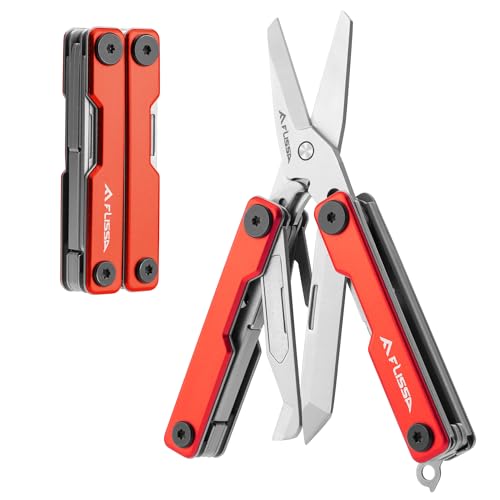 FLISSA Multitool Scissors, 11-in-1 Multi Tool Pocket Knife, Stainless Steel Mini Multitool with Bottle Opener, Screwdriver, Aluminum Handles, Spring - EDC for Outdoor, Camping, Hiking, Fishing, Red - Image 1
