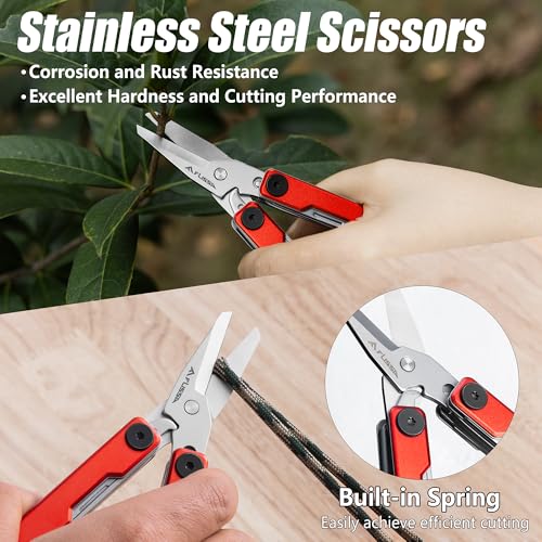 FLISSA Multitool Scissors, 11-in-1 Multi Tool Pocket Knife, Stainless Steel Mini Multitool with Bottle Opener, Screwdriver, Aluminum Handles, Spring - EDC for Outdoor, Camping, Hiking, Fishing, Red - Image 3