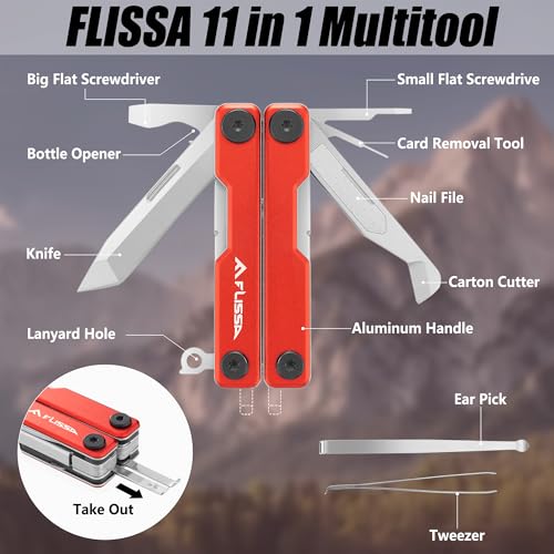 FLISSA Multitool Scissors, 11-in-1 Multi Tool Pocket Knife, Stainless Steel Mini Multitool with Bottle Opener, Screwdriver, Aluminum Handles, Spring - EDC for Outdoor, Camping, Hiking, Fishing, Red - Image 2