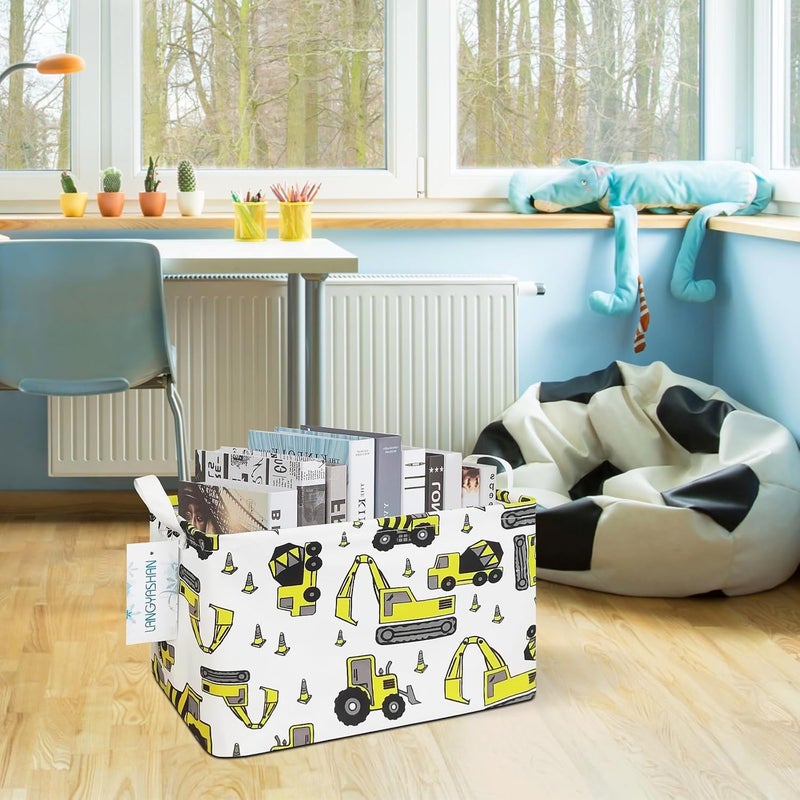 LANGYASHAN Rectangular Storage Bin Collapse Canvas Fabric Cartoon Storage Basket with Handles for Organizing Home Kitchen Boys and Girls Toys Office Closet Shelf Baskets (Rec Engineering Vehicle) - Image 5