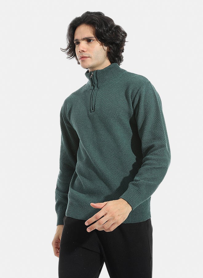 Andora Plain Self Pattern Zipper Closure Sweater _ Olive - Image 3