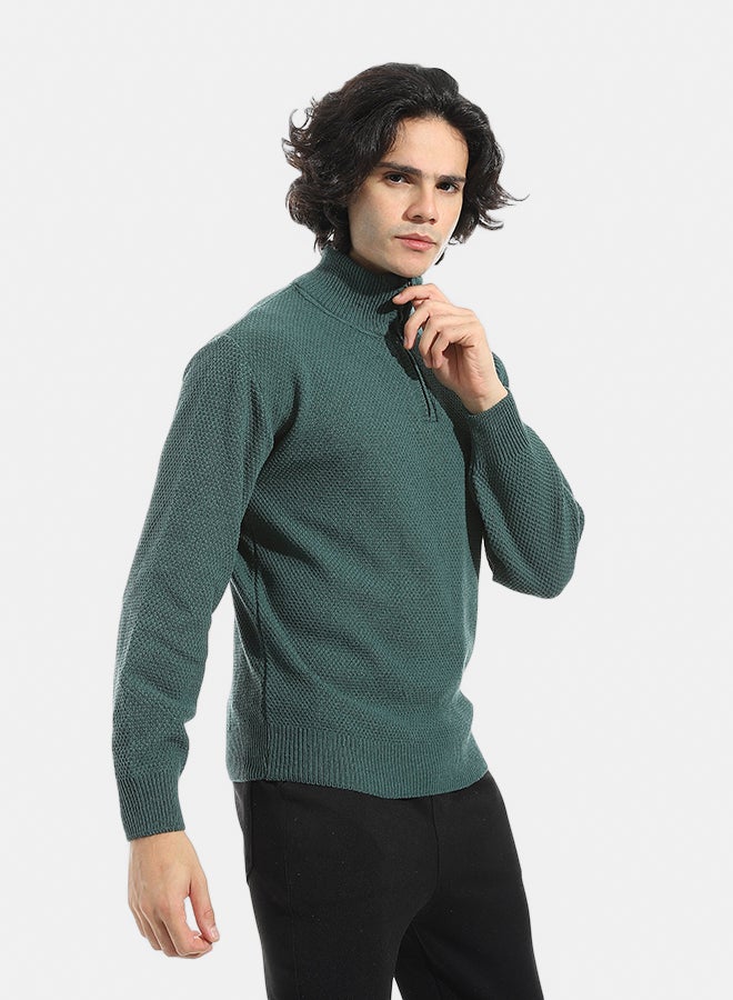 Andora Plain Self Pattern Zipper Closure Sweater _ Olive - Image 2