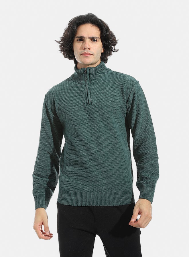 Andora Plain Self Pattern Zipper Closure Sweater _ Olive - Image 1