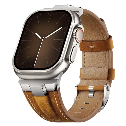 Suitisbest Leather Bands Compatible for Apple Watch Ultra Band 49mm 46mm 45mm 44mm 42mm, Genuine Leather Rugged Durable Matel Connector Strap for Women Men iWatch Ultra 10 9 8 7 6 5 4 3 SE - Image 1