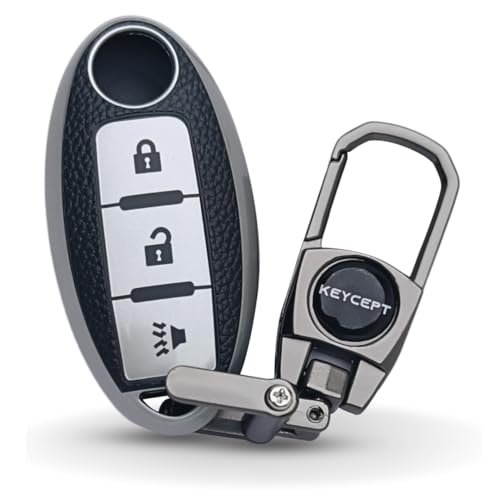KEYCEPT Leather Key Cover for Micra | Sunny | Teana | Magnite 3 Button Smart Key. (Keychain 2, Silver) - Image 1