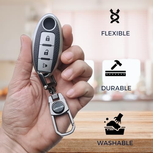 KEYCEPT Leather Key Cover for Micra | Sunny | Teana | Magnite 3 Button Smart Key. (Keychain 2, Silver) - Image 5