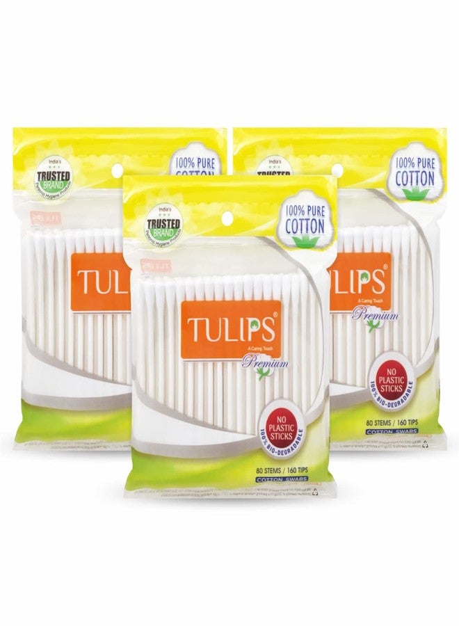 TULIPS Premium Cotton Ear Buds/Swabs with white PAPER Sticks 80 Stick (Pack of 3) - Image 1