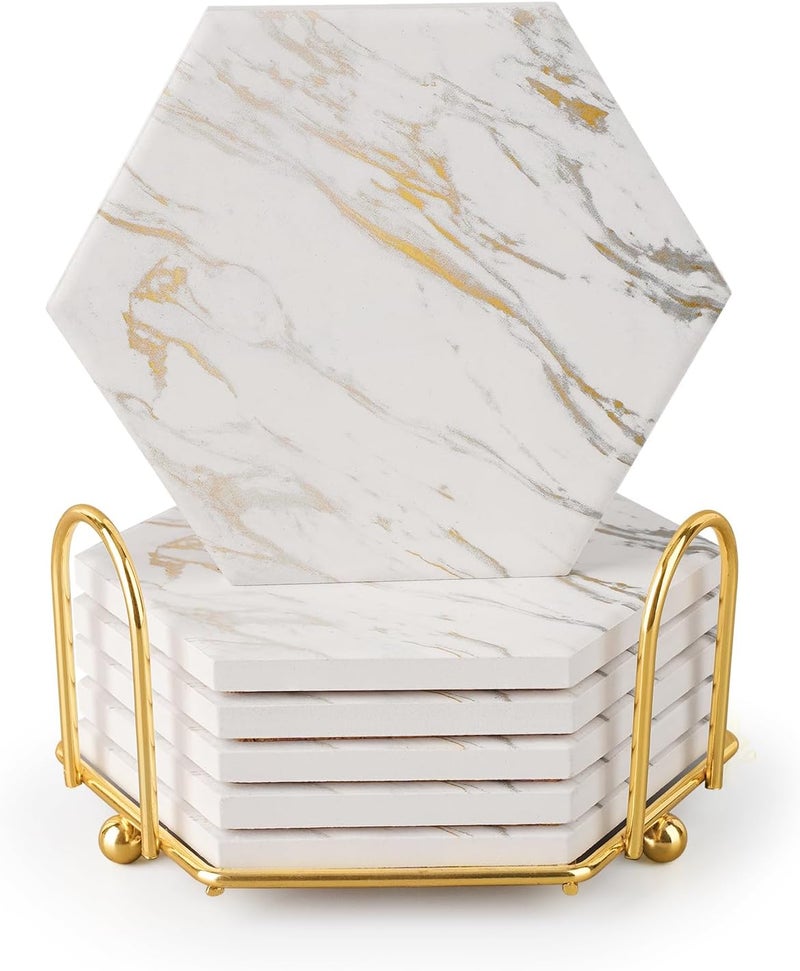 Geichan Marble Coasters for Drinks Absorbent with Cork Base, 6pcs Drink Coasters for Wooden Table with Metal Holder, Gold Ceramic Cup Coaster Set Home Decor for Housewarming (Luxury White Gold Marble 07) - Image 1