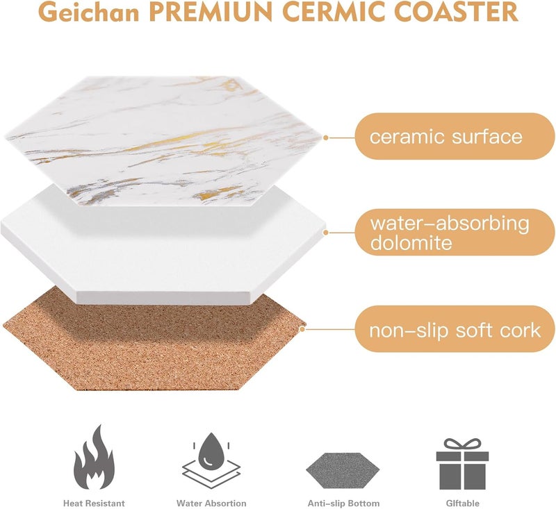 Geichan Marble Coasters for Drinks Absorbent with Cork Base, 6pcs Drink Coasters for Wooden Table with Metal Holder, Gold Ceramic Cup Coaster Set Home Decor for Housewarming (Luxury White Gold Marble 07) - Image 5