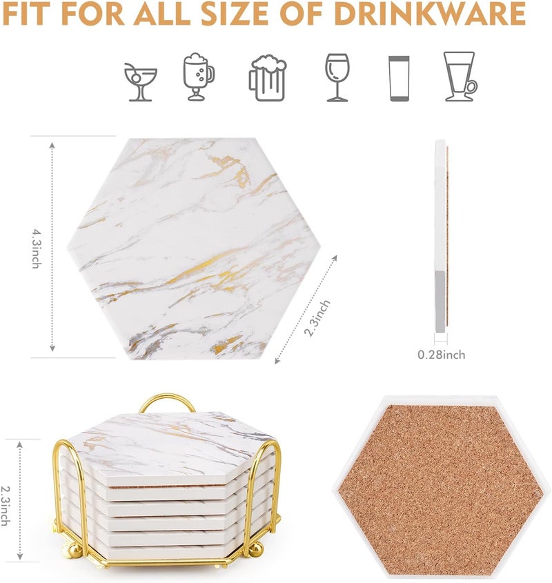 Geichan Marble Coasters for Drinks Absorbent with Cork Base, 6pcs Drink Coasters for Wooden Table with Metal Holder, Gold Ceramic Cup Coaster Set Home Decor for Housewarming (Luxury White Gold Marble 07) - Image 4
