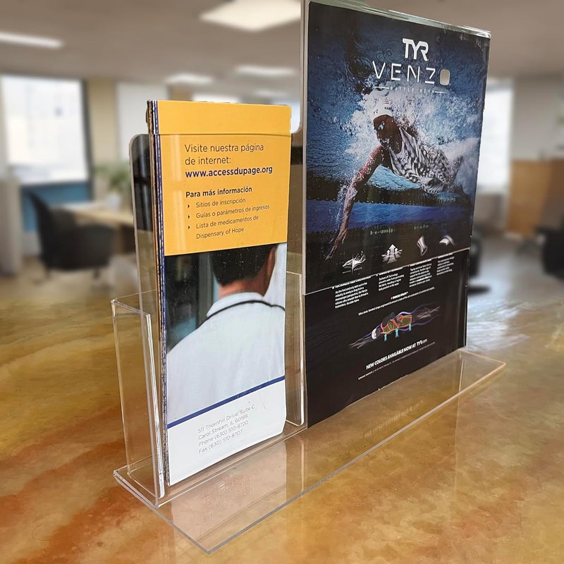 FixtureDisplays 1 Piece 85X11 Letter Size Promotional Sign Holder 4 Trifold Flyer Brochure Combo Counter Top Display Clear Acrylic Picture Frame Marketing Promotional Station 15884NPF - Image 3
