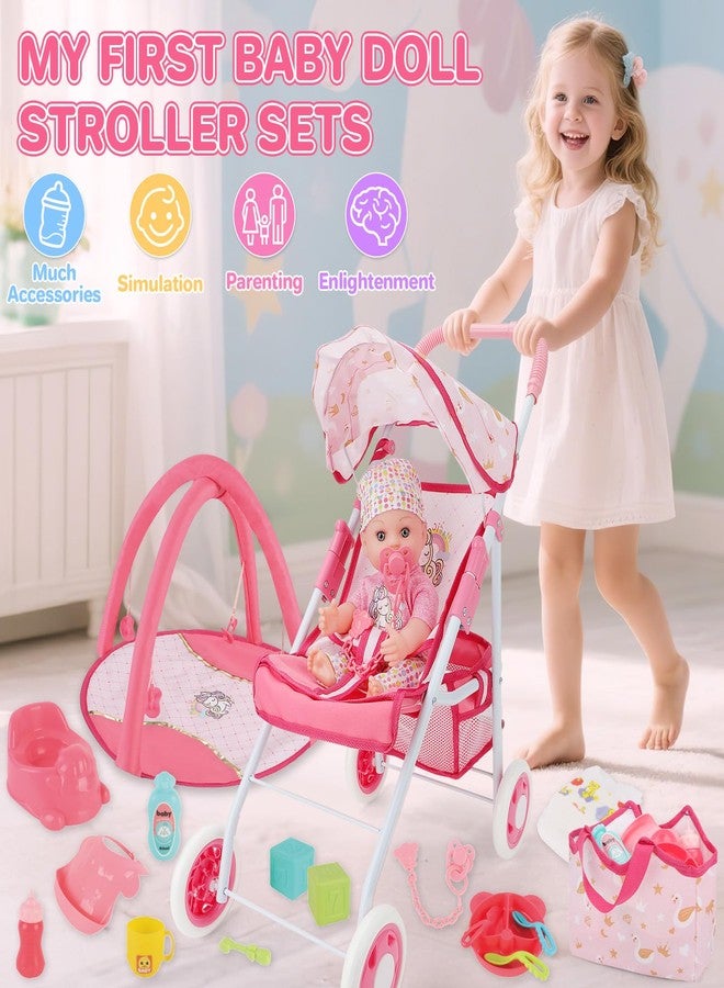 deAO Baby Doll Stroller Set with 12" Baby Dolls Nursery Playset 17 PCS Baby Doll Accessories with Play Mat,Storage Bag,Baby Stroller Toys for Girls Toddlers 3+ Pretend Play Gifts - Image 2