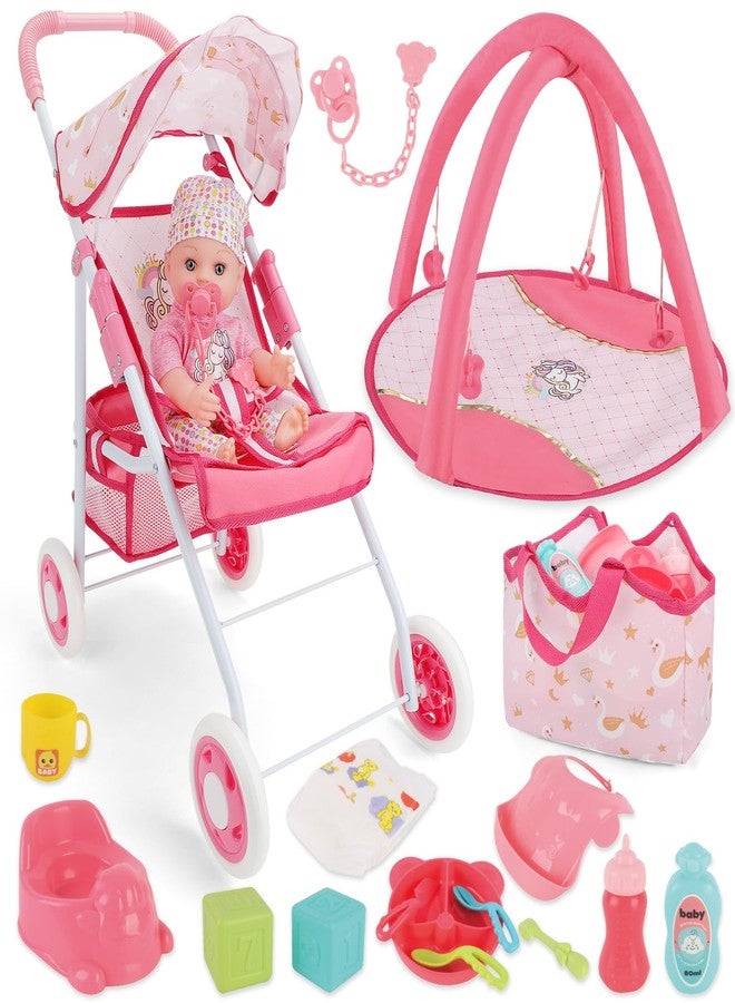 deAO Baby Doll Stroller Set with 12" Baby Dolls Nursery Playset 17 PCS Baby Doll Accessories with Play Mat,Storage Bag,Baby Stroller Toys for Girls Toddlers 3+ Pretend Play Gifts - Image 1