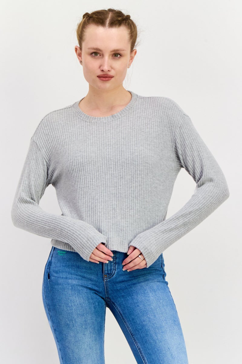 DEX Women Crew Neck Knitted Long Sleeves Sweater, Grey - Image 1