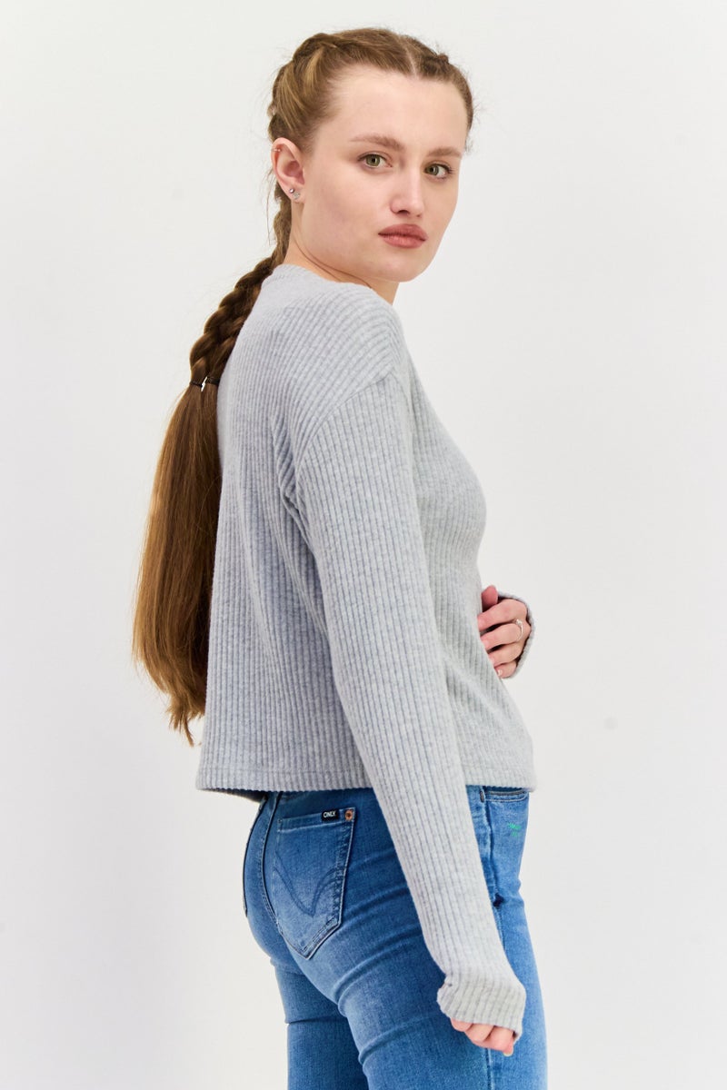 DEX Women Crew Neck Knitted Long Sleeves Sweater, Grey - Image 2