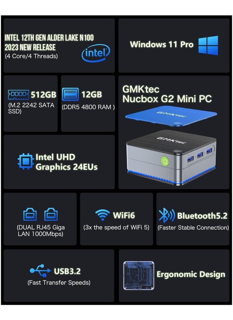 NucBox G2 Desktop Ultracompact Mini PC Windows 11 Pro Intel 12th Alder Lake N100 12GB DDR5 512GB SSD Dual LAN, Mini Computer 1000Mbps, 4K Triple Display, WiFi6, BT5.2 - pzsku/Z62F8F3E827D54A6E1594Z/45/_/1718185858/c85e6313-bd35-4042-8464-096fea4906e9