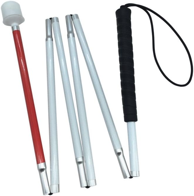 VISIONU Aluminum Mobility Folding White Cane for Vision Impaired and Blind People (Folds Down 6 Sections) (140cm (55 inch), Black Handle) - Image 1
