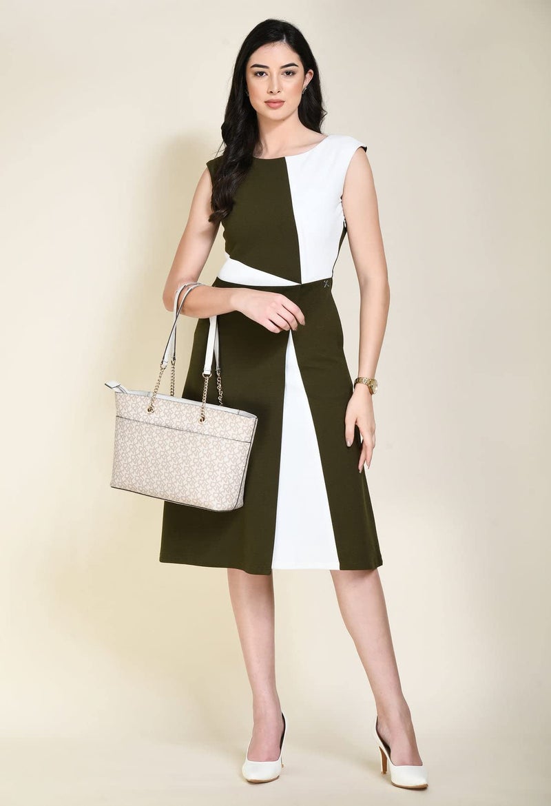 Exude Olive & White Colorblock Dress for Women - Image 4
