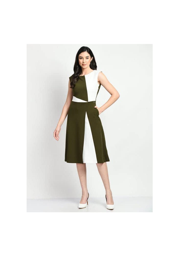 Exude Olive & White Colorblock Dress for Women - Image 1