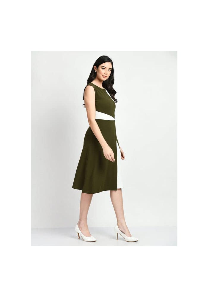 Exude Olive & White Colorblock Dress for Women - Image 3