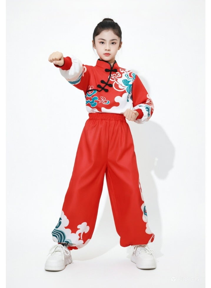 liannaner Girls Chinese Traditional Tang Suit 2-Piece Set, Red & White Cloud Print Long Sleeve Top & Red Bloomers Pants, Kids Hanfu Outfit for Lunar New Year, Festival Performance & Kung Fu, 3-18 Years - Image 3
