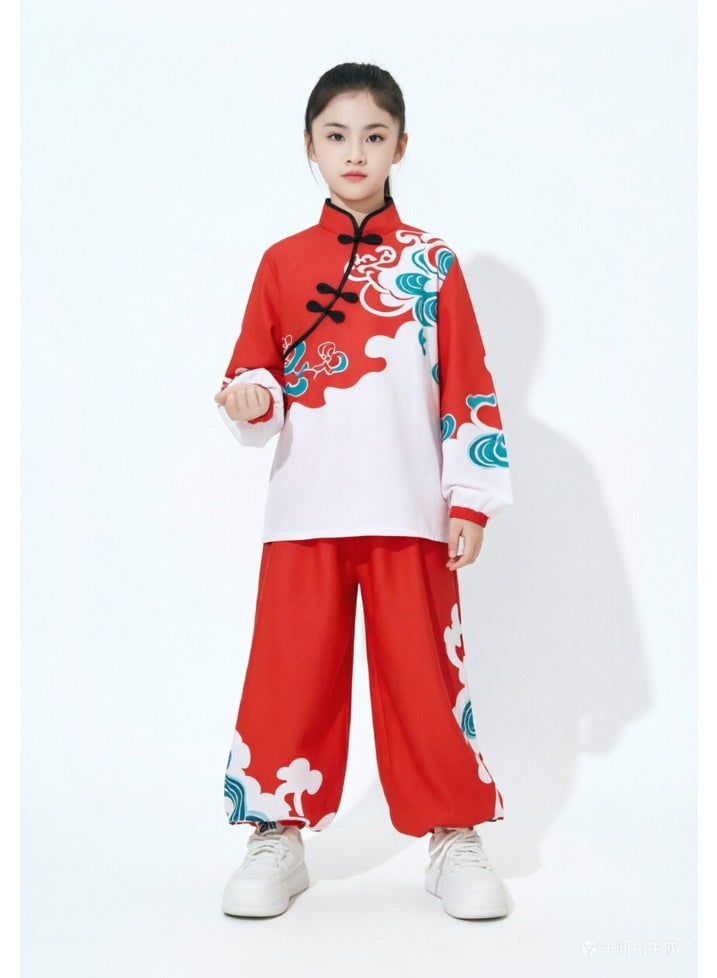 liannaner Girls Chinese Traditional Tang Suit 2-Piece Set, Red & White Cloud Print Long Sleeve Top & Red Bloomers Pants, Kids Hanfu Outfit for Lunar New Year, Festival Performance & Kung Fu, 3-18 Years - Image 4