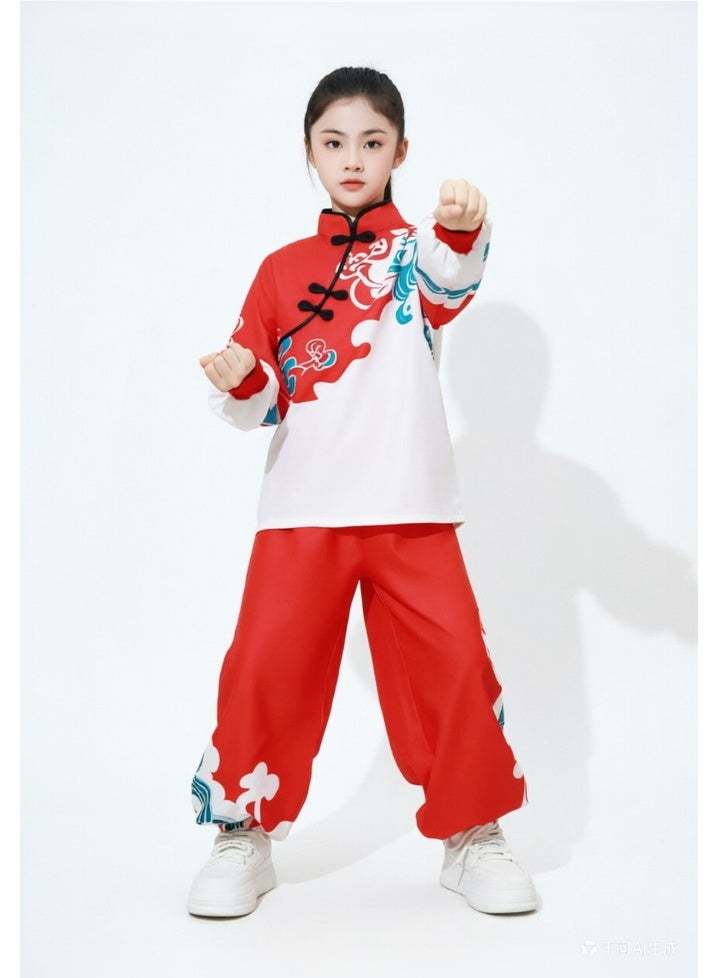 liannaner Girls Chinese Traditional Tang Suit 2-Piece Set, Red & White Cloud Print Long Sleeve Top & Red Bloomers Pants, Kids Hanfu Outfit for Lunar New Year, Festival Performance & Kung Fu, 3-18 Years - Image 1